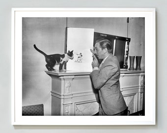Walt Disney Print, Walt Disney Shows Mickey Mouse To A Cat Photo Print, Mickey Mouse Drawing, Vintage Photo, 1931, Museum Quality Print