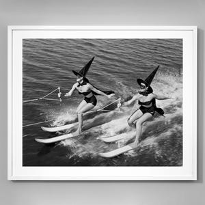 Witches Water Skiing Print, Spooky Beach Vibes, Vintage Black and White Photo, Beach Wall Art, Museum Quality Home Decor