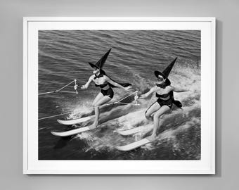 Witches Water Skiing Print, Spooky Beach Vibes, Vintage Black and White Photo, Beach Wall Art, Museum Quality Home Decor