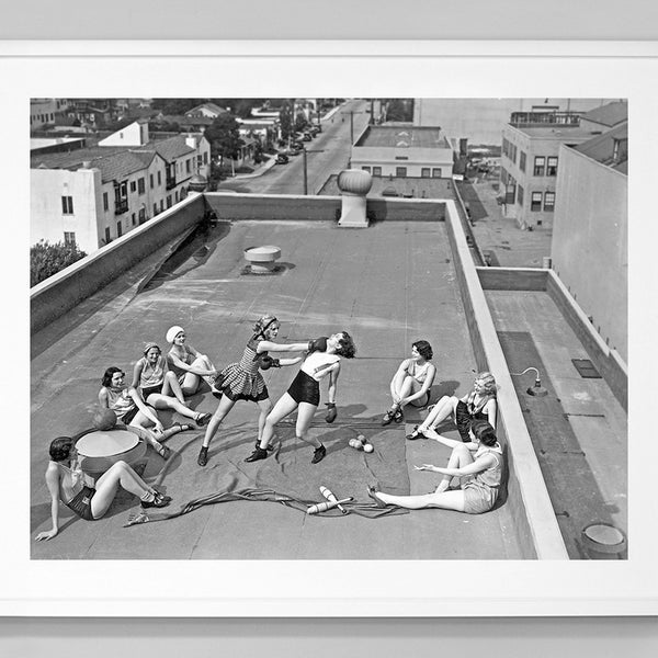 Girls Boxing Print, Vintage Rooftop Girls Boxing, Vintage Hollywood , Black and White Photo, Museum Quality Photo Art Print