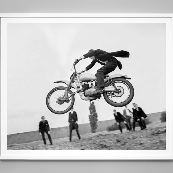 Vintage Motorcycle Jump Print, British Mod Style, Black and White Photo, 1950's, Museum Quality Wall Art