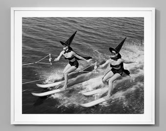 Witches Water Skiing Print, Spooky Beach Vibes, Vintage Beach Style, Wall Art, Black and White Photo, Museum Quality Home Decor