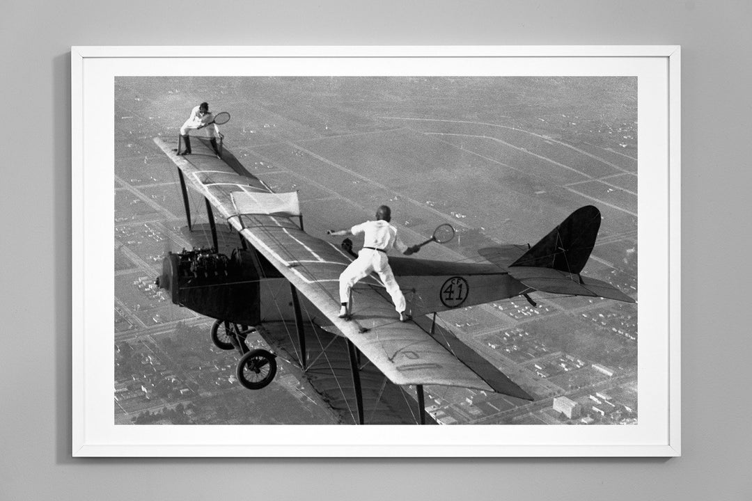 Wingwalker Tennis Match on Airplane Print, Tennis Players in the