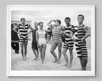 Funny Boys Flexing Muscles on the Beach Swimsuit Print, 1950's, Vintage Photo Print, Black and White, Photo Art Print, Wall Art, Funny Art