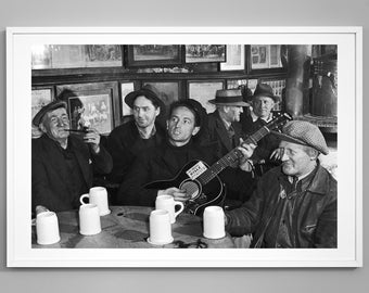 Woody Guthrie Playing Guitar Photo Print, Music Print, McSorley's Bar, Black and White Vintage Photography, Museum Quality Photo Art Print