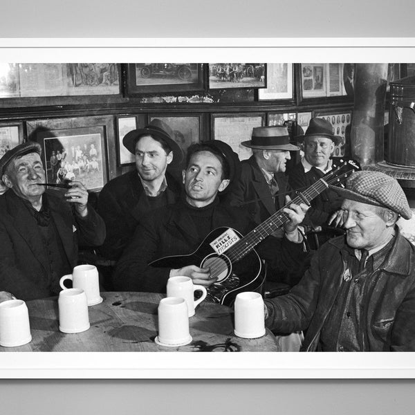 Woody Guthrie Playing Guitar Photo Print, Music Print, McSorley's Bar, Black and White Vintage Photography, Museum Quality Photo Art Print