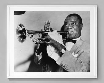 Louis Armstrong Photo Print, Louis Armstrong Playing Trumpet, Jazz Music, Black and White Vintage Photo, 1953, Museum Quality Photo Print
