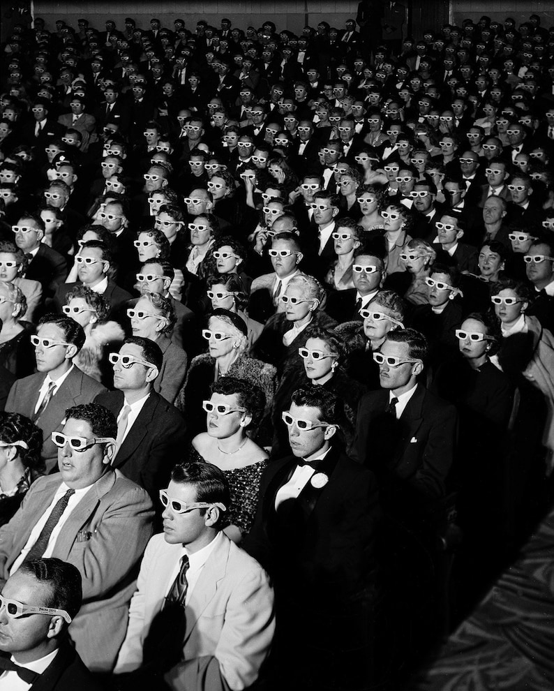 Movie Audience Wearing 3d Glasses Print, Cinema, Spectators, Black and White Photo, Museum Quality Photo Art Print image 2