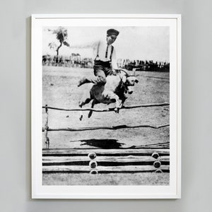 Goat Jumping Print, Boy Jumps Fence Riding A Goat, Animal Print, Black and White Vintage Photo, 1905, Museum Quality Photo Art Print