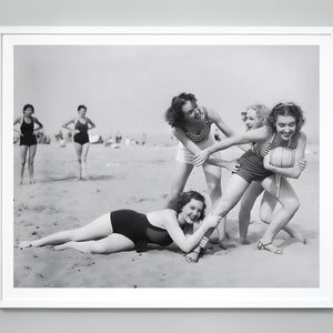 Vintage Girls Beach Ball Print, Vintage Beach Style, Beach House Print, Wall Art, Black and White Photo, Museum Quality Photo Art Print