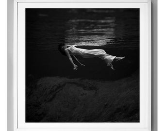 Woman Floating Print, Toni Frissell Underwater Photo Print, Surreal Beauty, Black and White Vintage Photo, 1947, Museum Quality Art Print