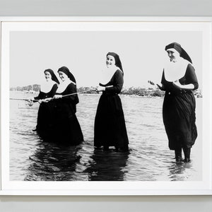 Nuns Fishing Print, Nuns Having Fun, 1952, Black and White Vintage Photography, Wall Art, Museum Quality Photo Art Print