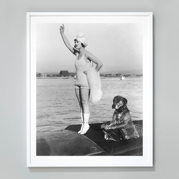Flapper Girl With Teddy the Dog Driving The Boat Print, Black and White Vintage Photo, Museum Quality Photo Art Print