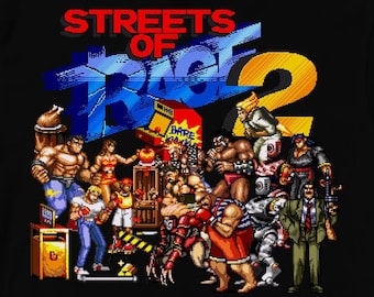 Puede incluir: Camiseta negra con un gráfico del videojuego "Streets of Rage 2". El gráfico presenta a los personajes del juego en una pose de lucha.