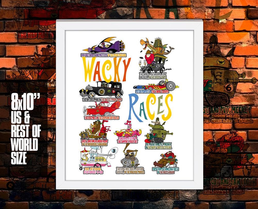 Wacky Races Characters & Vehicles Art Print, Retro Cartoon Wall