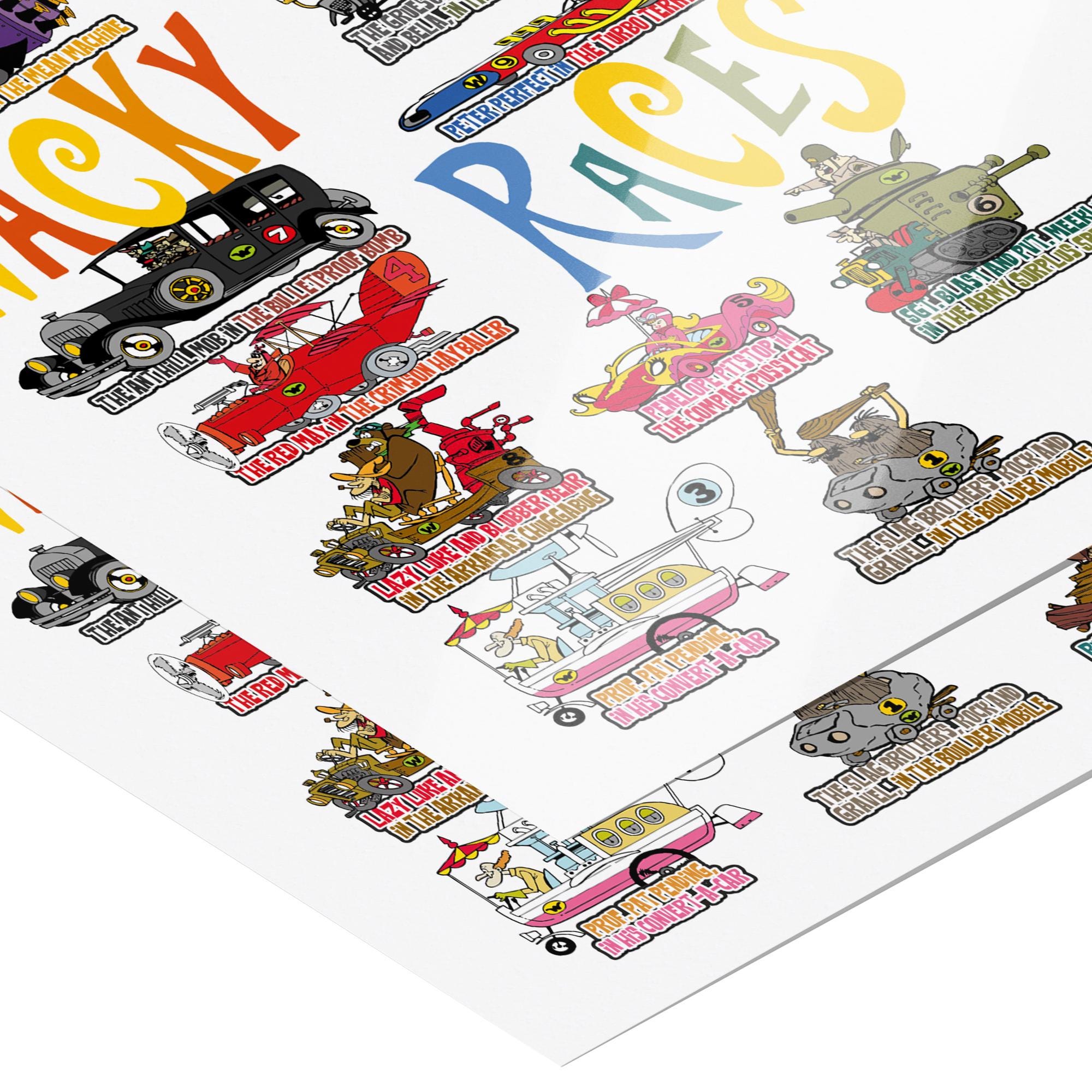 Wacky Races Characters & Vehicles Art Print, Retro Cartoon Wall Art A4 ...