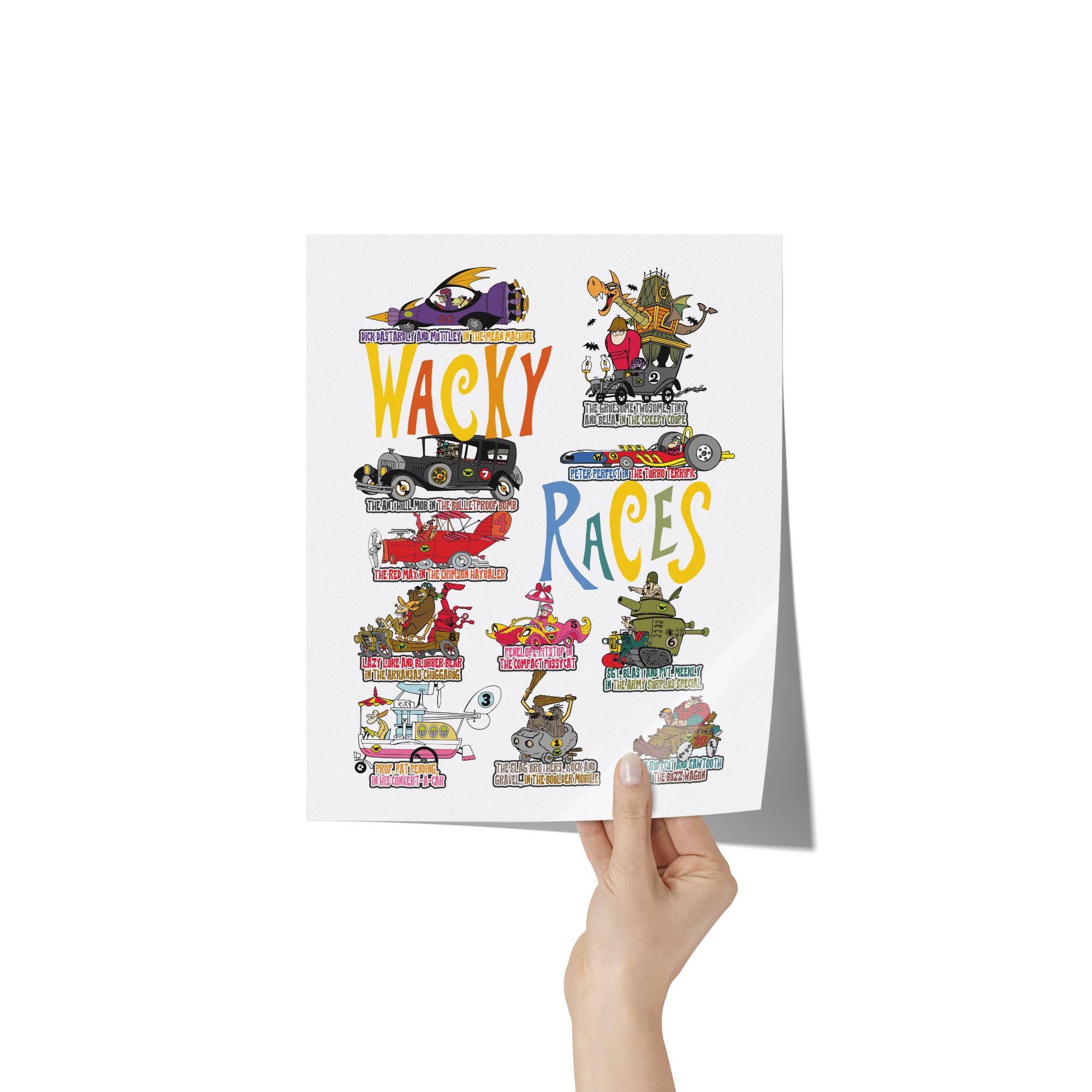 Wacky Racers Characters Wacky Races Characters & Vehicles Art Print, Retro Cartoon Wall Art A4 ...