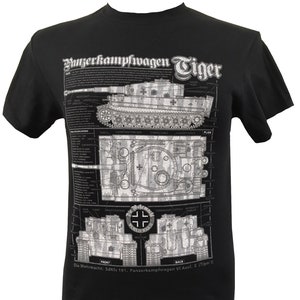 Tiger 1 Tank World War II Military Black T Shirt With Blueprint Design