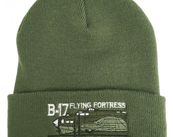 B17 Flying Fortress WW2 USAF Bomber Aircraft Green Beanie Embroidered Hat.