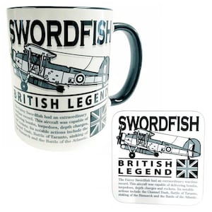 Fairey Swordfish WW11 Royal Navy RAF RCAF RNN Biplano Torpedo Bombardeiro Design de Aeronave Caneca e Conjunto de Porta-copos