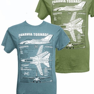 May include: Two t-shirts featuring a graphic print of a Panavia Tornado fighter jet. The t-shirts are in different colours, one is blue and the other is green. The graphic includes a detailed diagram of the jet with specifications and technical details.