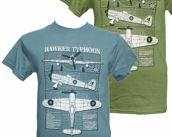 Hawker Typhoon Tiffy RAF RCAF RNZAF Guerra Mundial 11 Fighter Bomber Aircraft Blueprint Camiseta azul o verde.