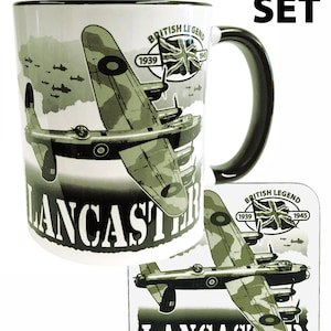 Conjunto de caneca e porta-copos Avro Lancaster RAF WW11 com quatro motores, bombardeiro pesado e design de ação
