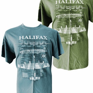 May include: Two t-shirts featuring a vintage illustration of a Halifax bomber aircraft. The shirts are in blue and green colours. The illustration includes the text "HALIFAX" and a detailed diagram of the aircraft.