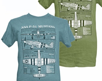 North American Aviation P 51 Mustang USAF Royal Air force WW2 Fighter  Bomber Aircraft Blue or Green  Blueprint Design T Shirt
