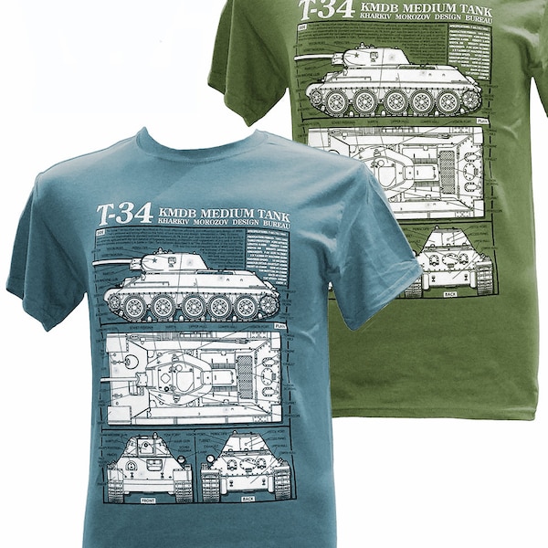 Soviet Union T 34 World War 11 Medium Tank Military Blueprint Design Blue or Green T Shirt