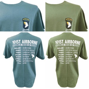 US Army 101st  Airborne Screaming Eagles World War II Military Green Or Blue T Shirt With Motif & Back Print