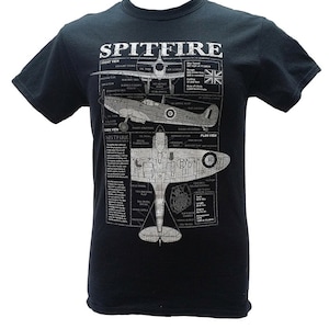 May include: Black t-shirt with a white graphic print of a Spitfire airplane. The graphic includes a detailed diagram of the aircraft with labels for various parts, including the engine, wings, and tail.