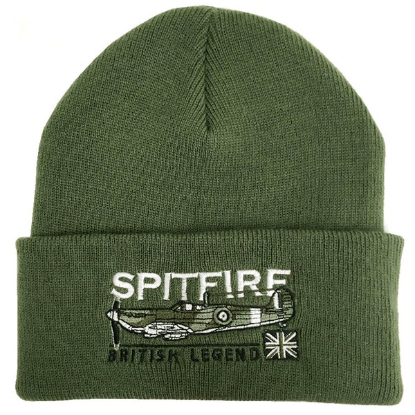 Supermarine Spitfire WW2 RAF Fighter Aircraft Green Embroidered Beanie Hat