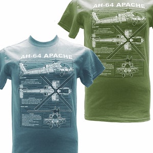 Apache Longbow AH 64 British Army Attack Helicopter With Blueprint Design Blue or Green T Shirt