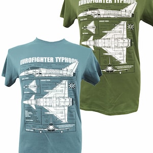 May include: Two t-shirts featuring a diagram of an Eurofighter Typhoon jet on the front. The t-shirts are in green and blue. The diagram shows the different parts of the jet, including the cockpit, wings, and engines. The text "EUROFIGHTER TYPHOON" is printed on the t-shirts.
