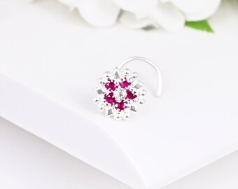 Natural CZ Ruby Gemstone Silver Nose Ring