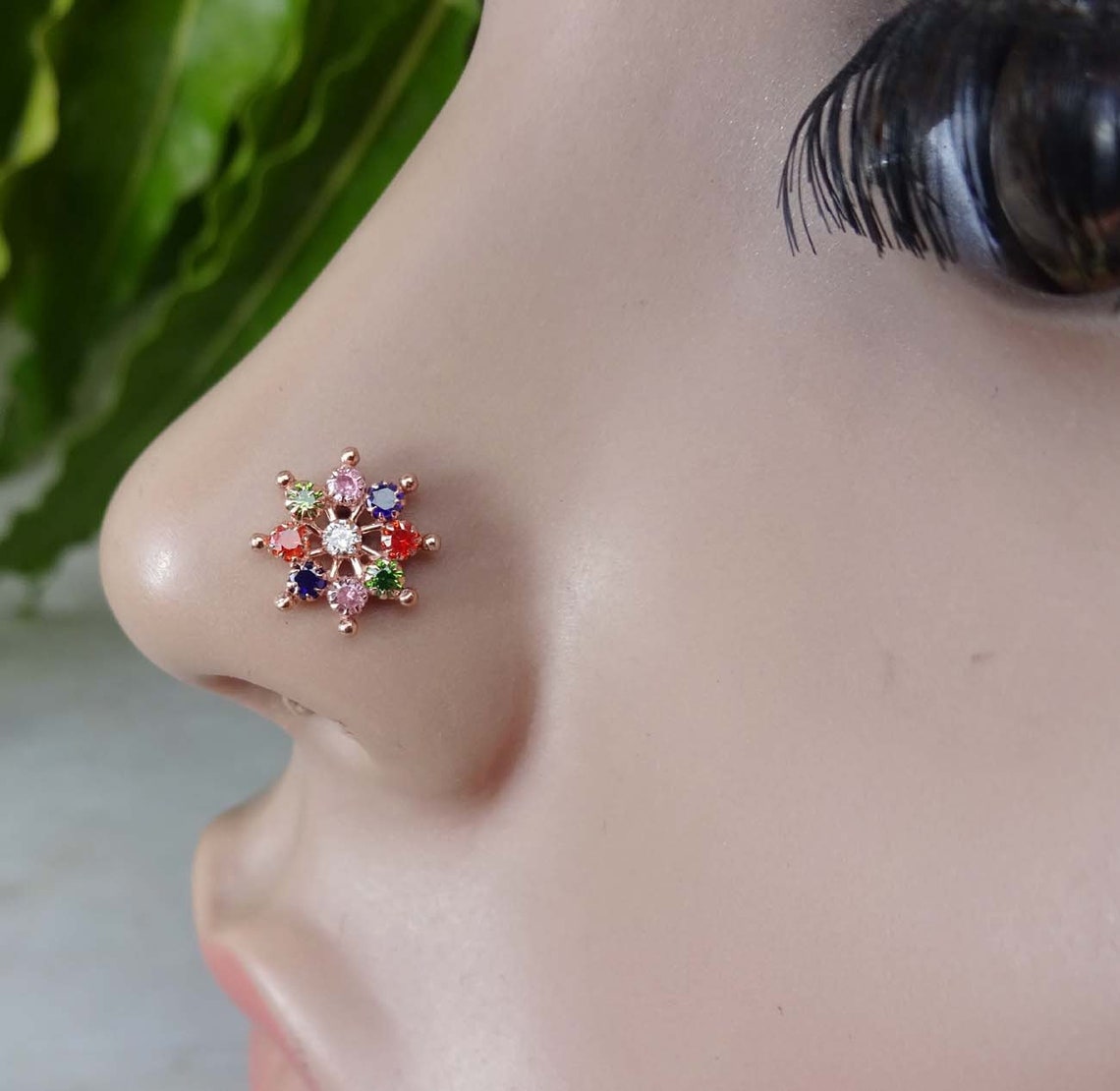 Multi Stone Nose Stud Rose Gold Nose Ring Flower Nose Stud Etsy