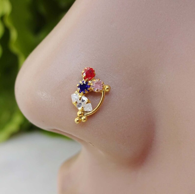 Indian Nose Ring Gold Nose Stud Multi Stone Nose Screw Diamond Etsy