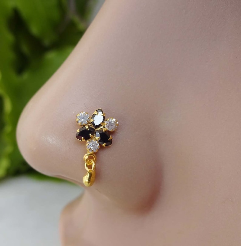 Onyx Nose Stud Flower Nose Piercing 925 Sterling Silver Nose Etsy