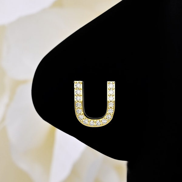 14k 18k 22k Yellow Gold Initial Letter Alphabet U Cubic Zirconia Gems Nose Stud 925 Sterling Silver Metal