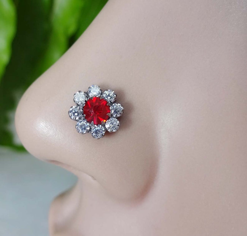 Nose Piercing Flower Nose Jewelry Ruby Stone Nose Stud Etsy