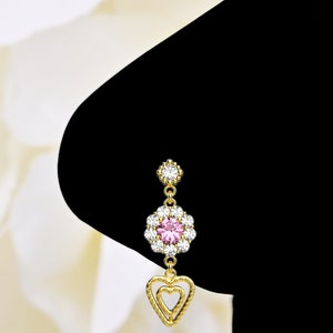 22k Gold Nose Stud Dangling Nose Piericng 3mm Pink Quartz Gems Nose Jewelry in 925 Sterling SIlver