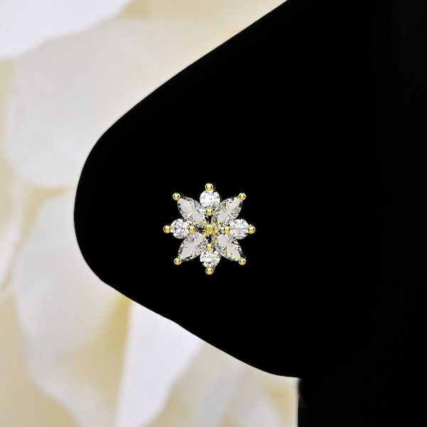 Piercing de nez en forme de fleur en plaqué or jaune 14 carats et 18 carats, anneau de nez indien en argent sterling 925