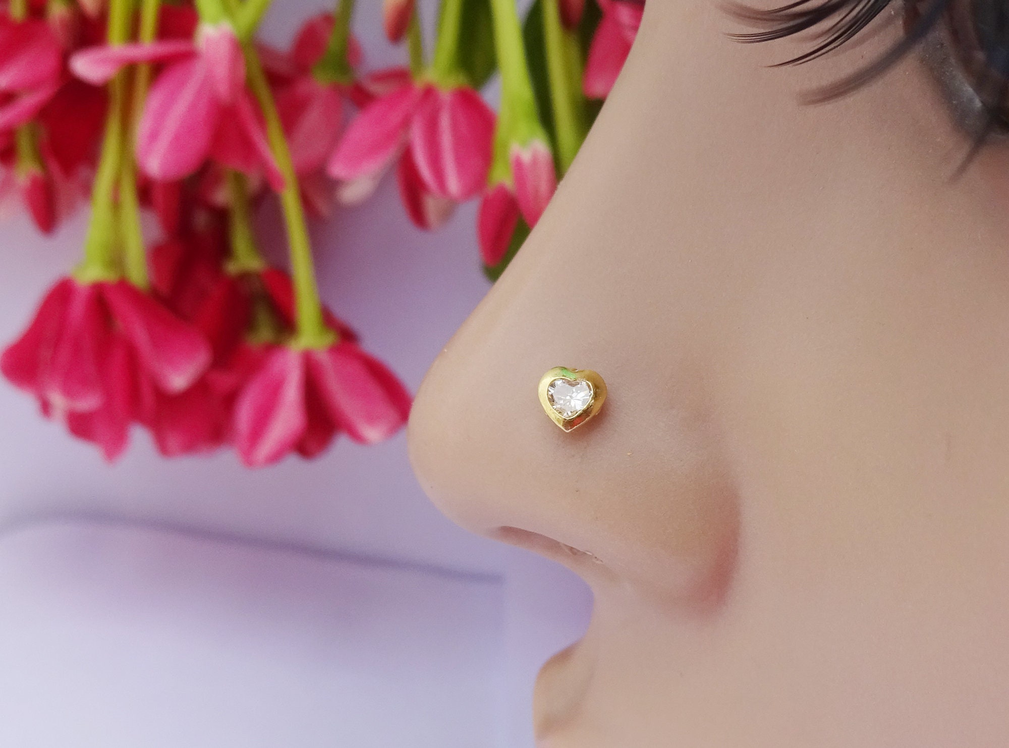 Gold Nose Stud Diamond Nose Pin Heart Shape Nose Stud Tinny Etsy