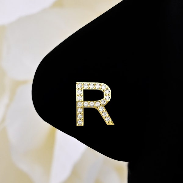 22k Gold Initial Letter R Crystal Tiny Gems Clear Nose Stud Ring