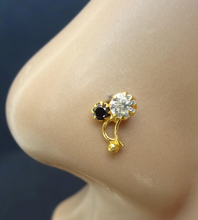 Christmas Day Sale Sterling Silver Nose Stud Black Stone Nose Stud Cabochon Nose Stud Nose Stud Indian Nose Jewelry L Shape Bend Nose Stud