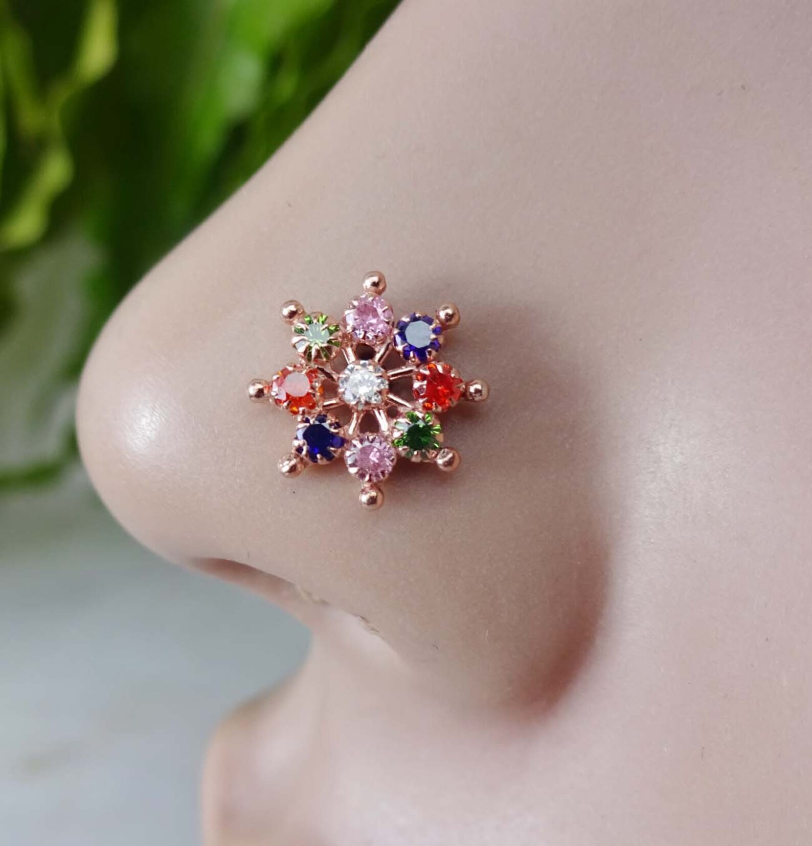 Multi Stone Nose Stud Rose Gold Nose Ring Flower Nose Stud Etsy