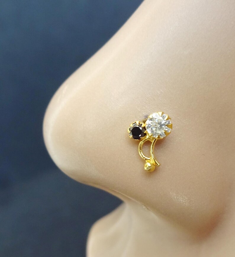 Christmas Day Sale Sterling Silver Nose Stud Black Stone Nose Stud Cabochon Nose Stud Nose Stud Indian Nose Jewelry L Shape Bend Nose Stud