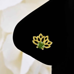 22k Gold Plated Lotus Flower Nose Stud Peridot Gems Boho Jewelry