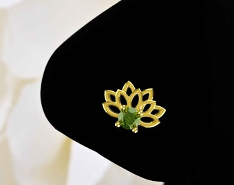 22k Gold Plated Lotus Flower Nose Stud Peridot Gems Boho Jewelry